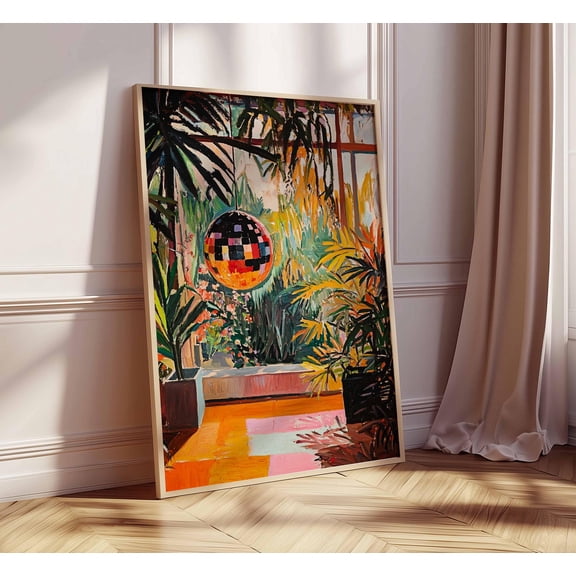 1970's Interior Disco Ball Greenhouse Art Print Tropical Decor Disco Ball Print 70s Style Retro Houseplant Poster