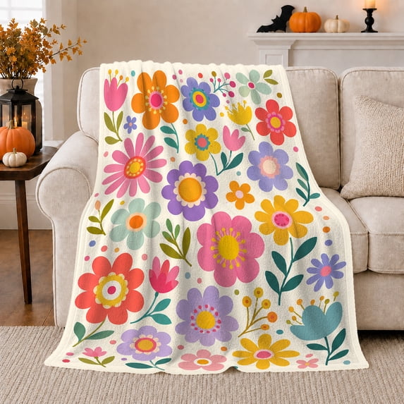 1970S Groovy Flower Power, Playful Botanical Garden Scene, Warm Flannel Blanket for Sunroom and Reading Nook, Garden Lovers Housewarming Gift, Botanical Home Decor