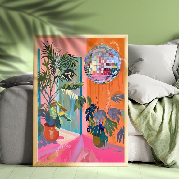 1970S Retro Inspired Disco Interior Print - Disco Living Room Print - Pink Wall Art - Groovy Art - Boho Wall Decor - Eclectic Disco Print Wall Art, Modern Wall Decor, 8x12 UNFRAMED