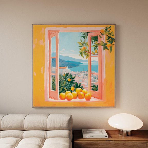 1970S Vintage Open Window Style Art Pink Orange Greek Islands Lemons Fauvism Spanish Folk Aesthetic Square Design, Unframed Paper Print
