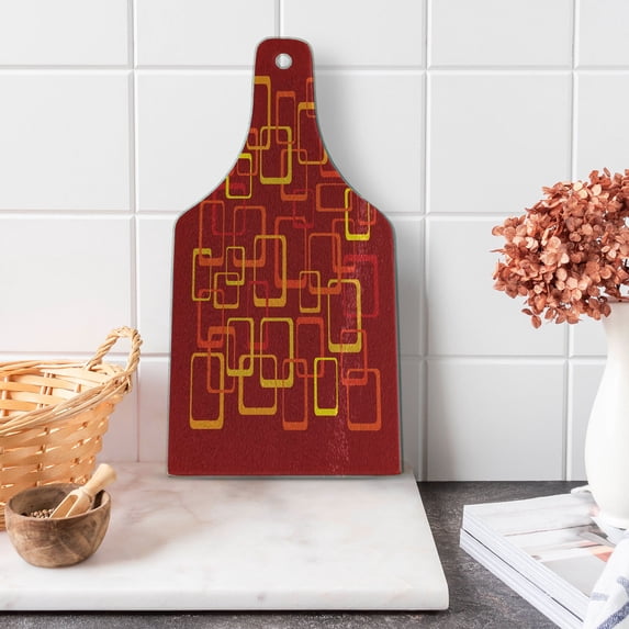 1970s Cutting Board, Retro Style Squares with an Interlocking Design in Warm Tones Abstract, Decorative Tempered Glass Cutting and Serving Board, in 3 Sizes, by Ambesonne