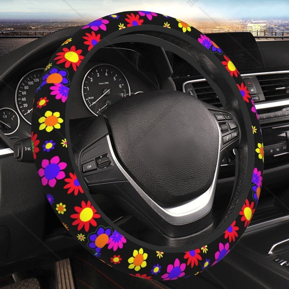 1970s Hippie Flowers Power Steering Wheel Cover Universal 15h NonSlip