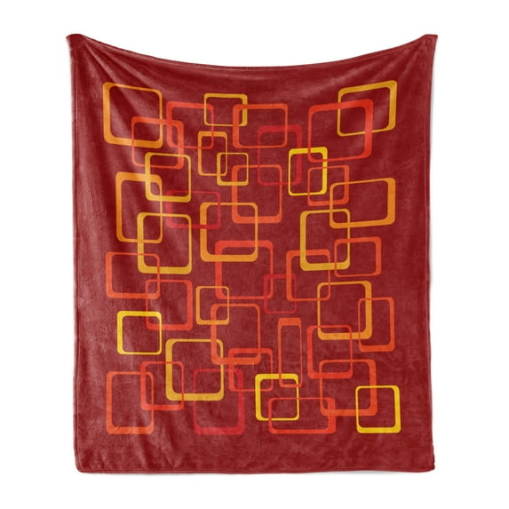 1970s Soft Flannel Fleece Blanket, Retro Style Squares with an Interlocking Design in Warm Tones Abstract, Cozy Plush for Indoor and Outdoor Use, 50" x 60", Vermilion Orange Yellow, by Ambesonne
