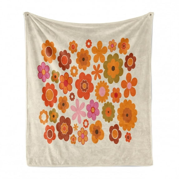 1970s Soft Flannel Fleece Blanket, Vintage Style Blossoming Flowers on Beige Background Hand Drawn Graphic, Cozy Plush for Indoor and Outdoor Use, 60" x 80", Beige Orange Pale Pink, by Ambesonne