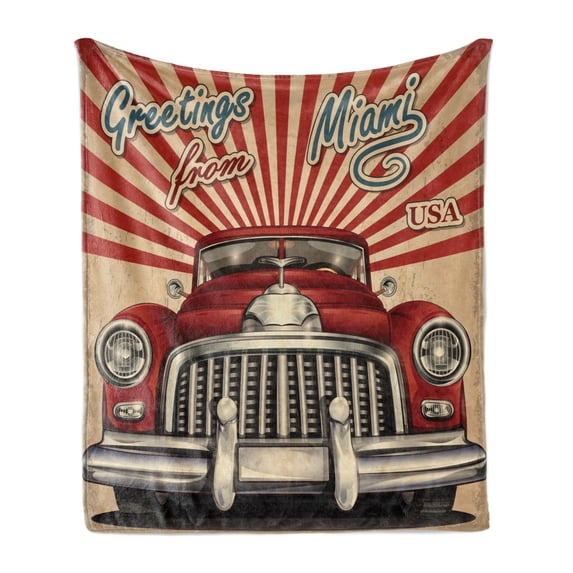 1970s Soft Flannel Fleece Blanket, Vintage Style Touristic Vehicle with Stripes Retro Car Greetings from Miami, Cozy Plush for Indoor and Outdoor Use, 50" x 60", Vermilion Cream Blue, by Ambesonne