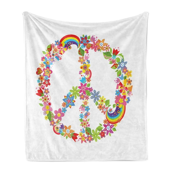 1970s Soft Flannel Fleece Throw Blanket, Peace Designed from Colorful Flower Blooms and Rainbow Stripes Spring Season, Cozy Plush for Indoor and Outdoor Use, 70" x 90", Multicolor, by Ambesonne