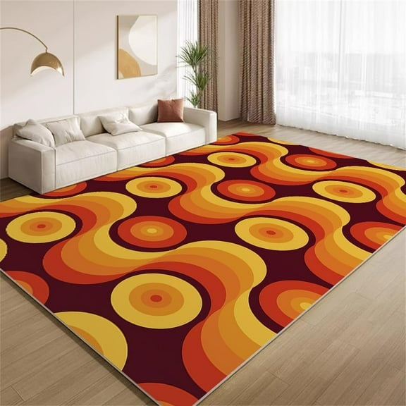 1970s Style Retro Orange Area Rugs 5x8 Rug Mid-Century 70s 80s Art Print Washable Indoor Rugs Soft Non Slip Low Pile Non Shedding Carpet for Living Room Bedroom Study Office