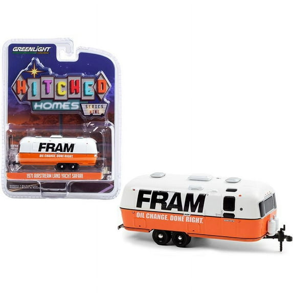 1971 Airstream Land Yacht Safari Travel Trailer White and Orange FRAM Oil Filters Hitched Homes Series 9 1/64 Diecast Model by Greenlight