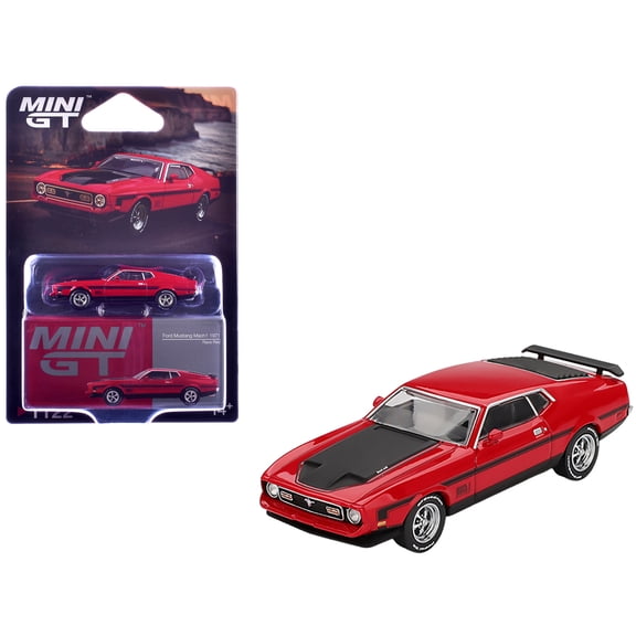 1971 Ford Mustang Mach 1 Race Red with Black Hood and Stripes Limited Edition 1/64 Diecast Model Car by Mini GT