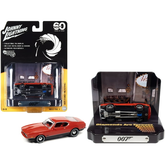 1971 Ford Mustang Mach 1 Red w/Collectible Tin Display "007" (James Bond) 1/64 Diecast Model Car by Johnny Lightning