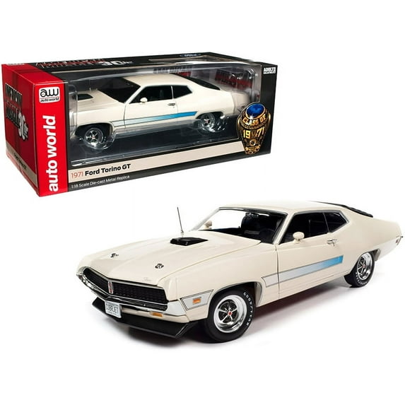 1971 Ford Torino GT Wimbledon White with Blue Laser Stripes "Class of 1971" "American Muscle 30th Anniversary" (1991-2021) 1/18 Diecast Model Car by Auto World