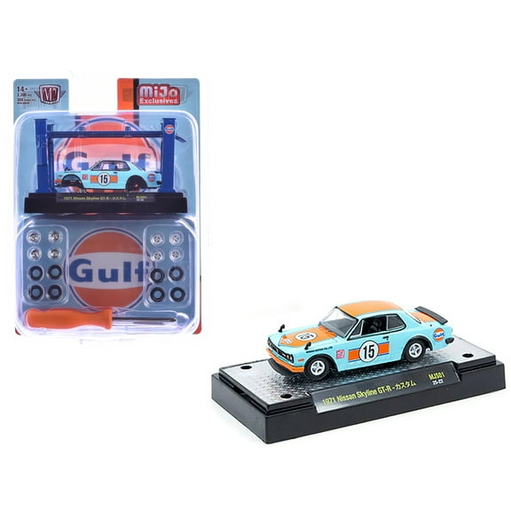 1971 Nissan Skyline GT-R RHD #15 "Gulf Oil" Light Blue and Orange "Auto-Lifts" Series 1/64 Diecast Model Cars by M2 Machines