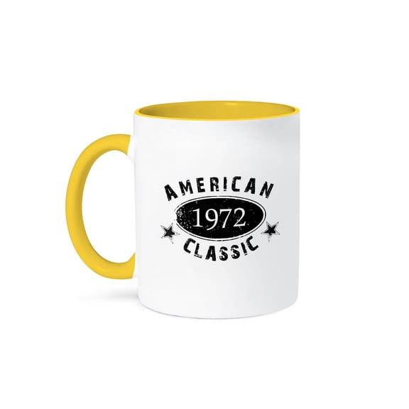 1972 American Classic - Personalized Birth Year Birthday Gift - Black Grunge Vintage Look - Funny, 15oz Two-Tone Yellow Mug