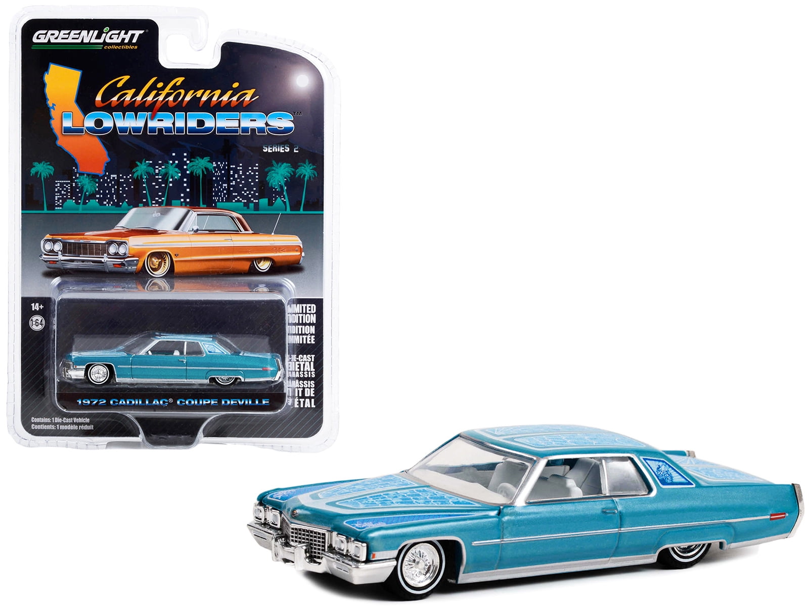 1972 Cadillac Coupe DeVille Custom Light Blue Metallic with White Interior and Graphics California Lowriders Series 2 1 64 Diecast Model Car by Greenlight Walmart