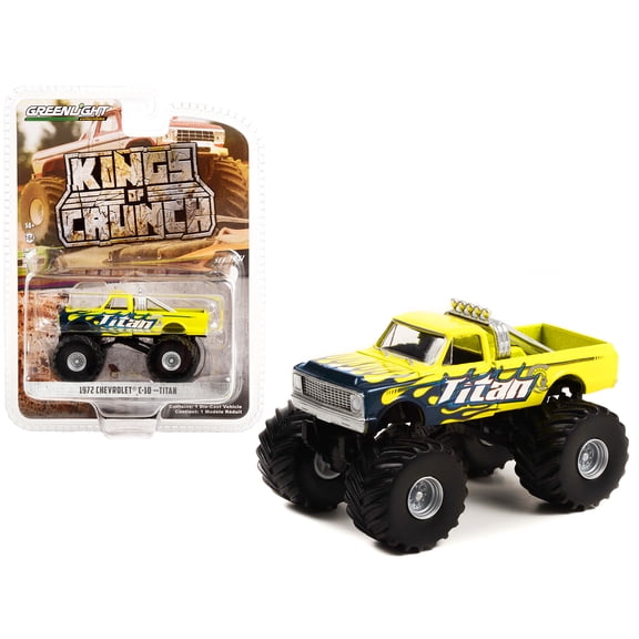 1972 Chevrolet C-10 Monster Truck Yellow with Flames "Titan" "Kings of Crunch" Series 11 1/64 Diecast Model Car by Greenlight