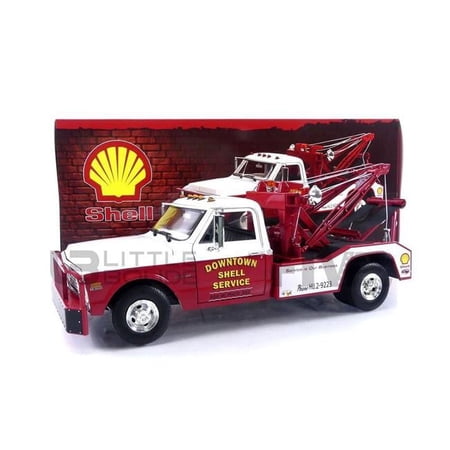 1972 Chevrolet C-30 Dually Wrecker Tow Truck Downtown Shell Service-Service is Our Business White & Red 1-18 Scale Diecast Model Car