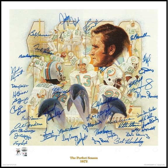 1972 Miami Dolphins Perfect Season Team Autographed 24x24 Lithograph Photo With 40+ Signatures Including Don Shula & Bob Griese #/217 Fanatics Holo 246182