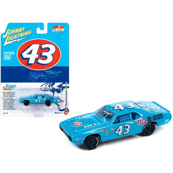 1972 Plymouth Road Runner Stock Car #43 Richard Petty "STP" Blue "Pop Culture" 2023 1/64 Diecast Model Car by Johnny Lightning