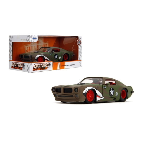 1972 Pontiac Firebird #9 Green Camouflage Flames with Graphics and Red Interior "Bigtime Muscle" 1/24 Diecast Model Car by Jada(Selections May Vary)