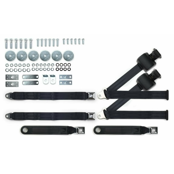 1964-75 Chevy El Camino Black Shoulder Belt Kit Push Button Buckles & Hardware