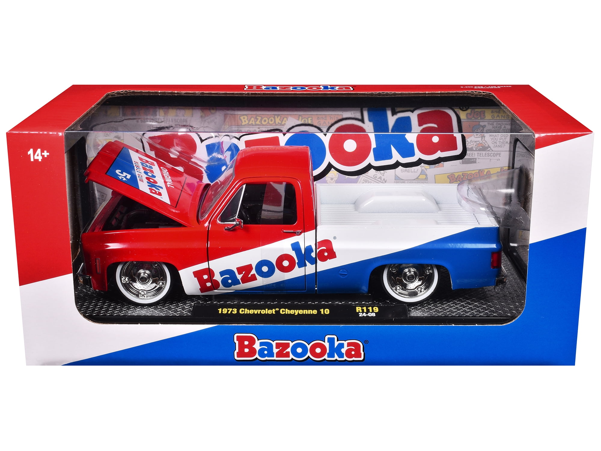 1973 Chevrolet Cheyenne 10 Truck Red & Blue w/White "Bazooka Bubble Gum" Ltd Ed 1/24 Diecast Model Car by M2 Machines