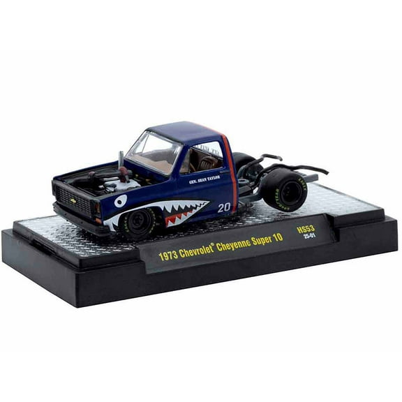 1973 Chevrolet Cheyenne Super 10 Bedless Truck Blue with Shark Mouth Graphics "20 Year Anniversary M2 Designer Sean Taylor" Limited Edition 1/64 Diecast Model Car by M2 Machines