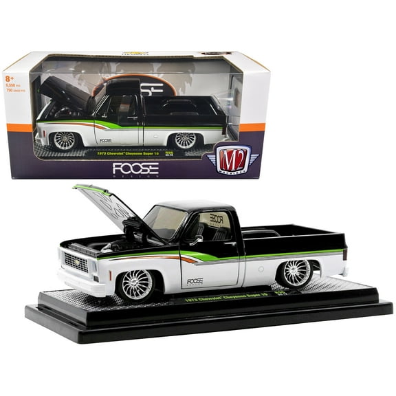 1973 Chevrolet Cheyenne Super 10 Pickup Truck Black and Bright White with Stripes Ltd Ed 1/24 Diecast Model Car by M2 Machines