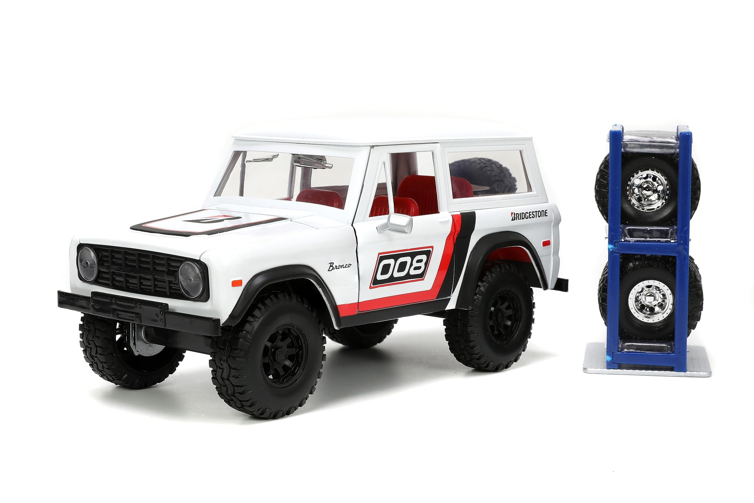 Just Trucks 1:24 1973 Ford Bronco Bridgestone Die-Cast Truck & Tire Rack, Toys for Kids and AdultsWhite/Red