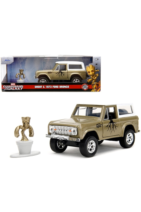 1973 Ford Bronco Gold Metallic with White Top and Groot Diecast Figure "Guardians of the Galaxy" "Marvel" Series 1/32 Diecast Model Car by Jada