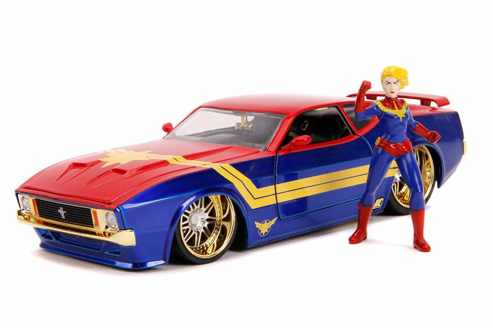 1973 Ford Mustang Mach 1 with Captain Marvel Figure, Red and Blue - Jada 31193/4 - 1/24 Scale Diecast Model Toy Car