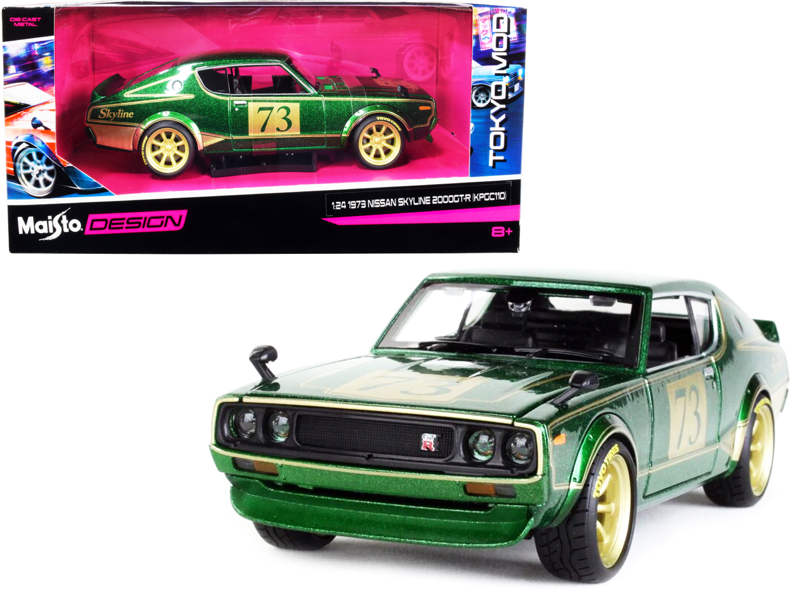 SKYLINE2000GT-R ケンメリ1/24 LEDモデル 1973 Nissan Skyline 2000GT-R (KPGC110) #73 Green Metallic