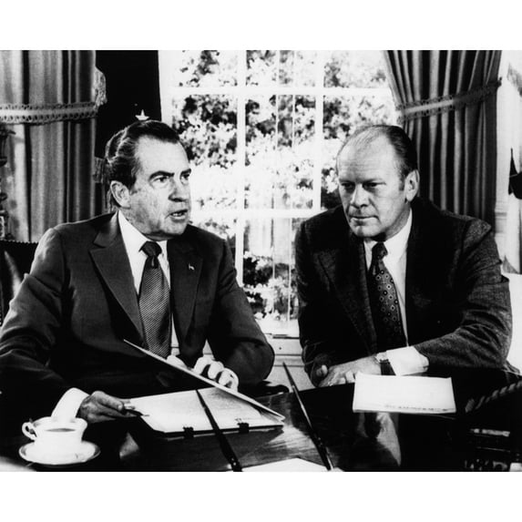 1973 Us Presidency. President Richard Nixon In The Oval Office With Vice President Gerald Ford