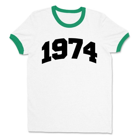 1974 College Style Ringer Tee Shirt Unisex Medium White/Kelly Green