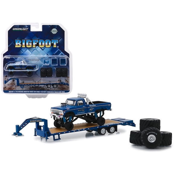1974 Ford F-250 Monster Truck "Bigfoot #1 The Original Monster Truck (1979)" with Gooseneck Trailer and Regular and Replacement 66" Tires "Hobby Exclusive" 1/64 Diecast Model Car by Greenlight