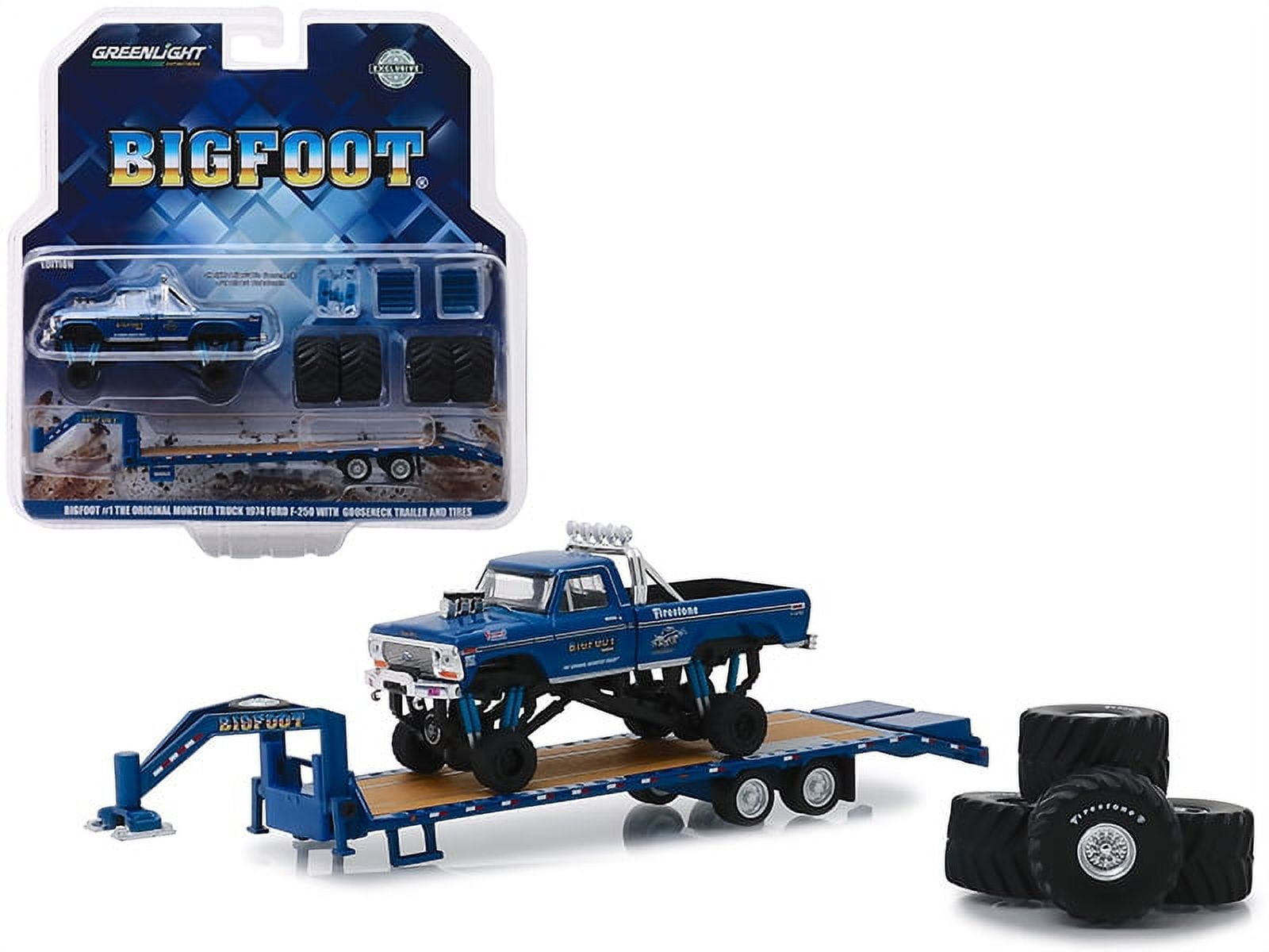 1974 Ford F-250 Monster Truck \Bigfoot #1 The Original Monster Truck (1979)\" with Gooseneck Trailer and Regular and Replacement 66\" Tires \"Hobby Exclusive\" 1/64 Diecast Model Car by Greenlight"
