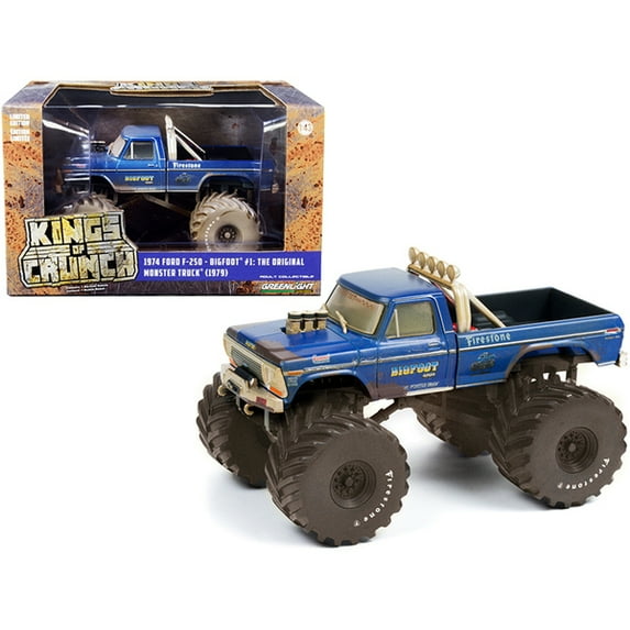 1974 Ford F-250 Ranger XLT Monster Truck with 66-Inch Tires Blue Metallic (Dirty Version) "Bigfoot #1 The Original Monster Truck (1979)" "Kings of Crunch" Series 4 1/43 Diecast Model Car