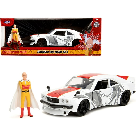 1974 Mazda RX-3 White with Red Stripe and Graphics and Saitama Diecast Figure "One Punch Man" (2015-2019) TV Series 1/24 Diecast Model Car by Jada