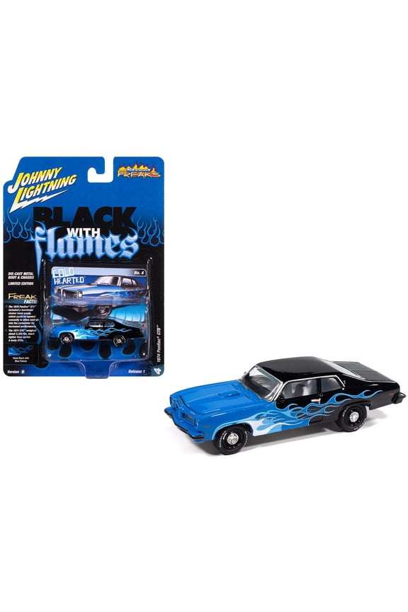 1974 Pontiac GTO Black and Blue with Blue Flame Graphics with White Interior 1/64 Diecast Model Cars by Johnny Lightning