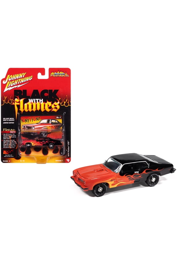 1974 Pontiac GTO Black and Red with Flame Graphics "Black with Flames" Series 1/64 Diecast Model Car by Johnny Lightning
