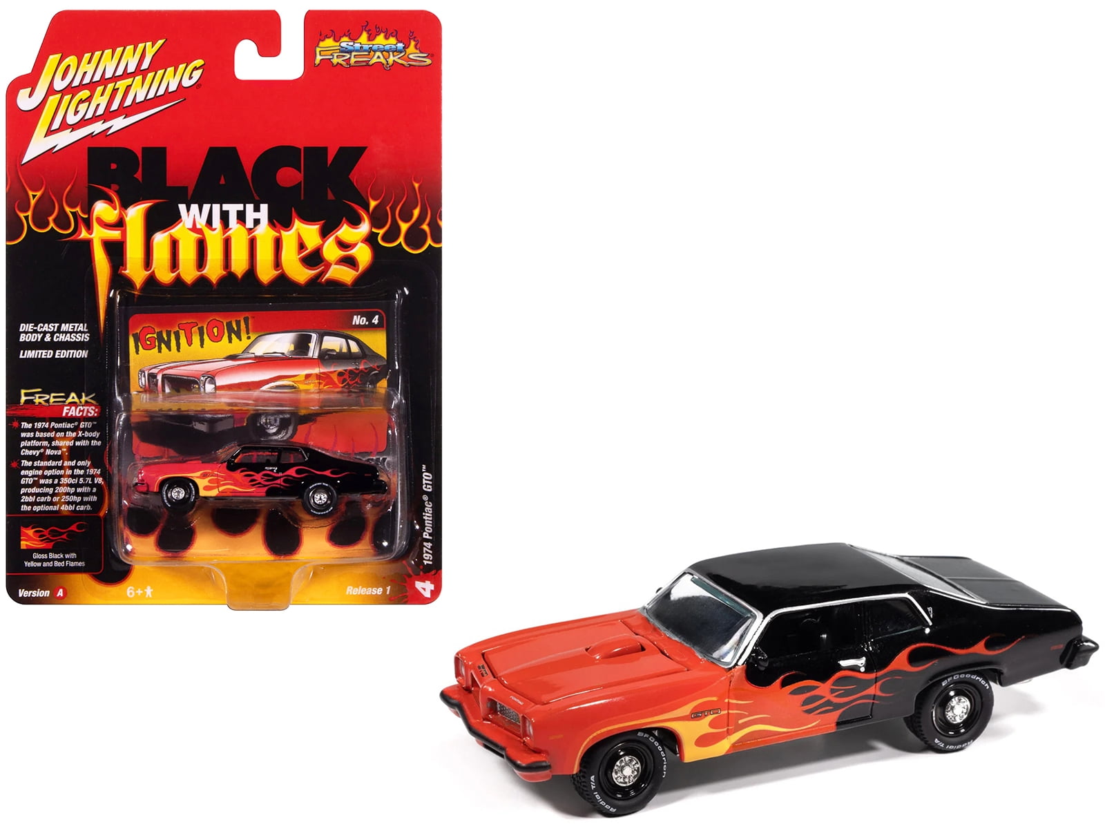 1974 Pontiac GTO Black and Red with Flame Graphics 