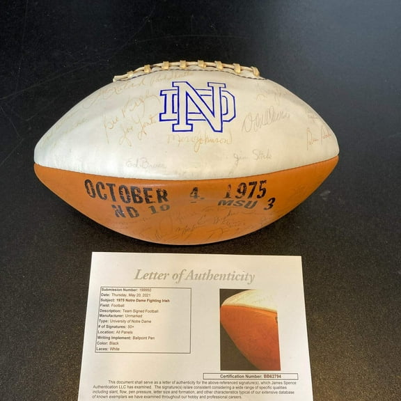 1975 Notre Dame Fighting Irish Signed Football Joe Montana Rudy Ruettiger JSA