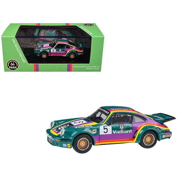 1975 Porsche 911 Carrera RSR 3.0 #5 "Kremer Racing - Vaillant" Green with Stripes 1/64 Diecast Model Car by Paragon Models