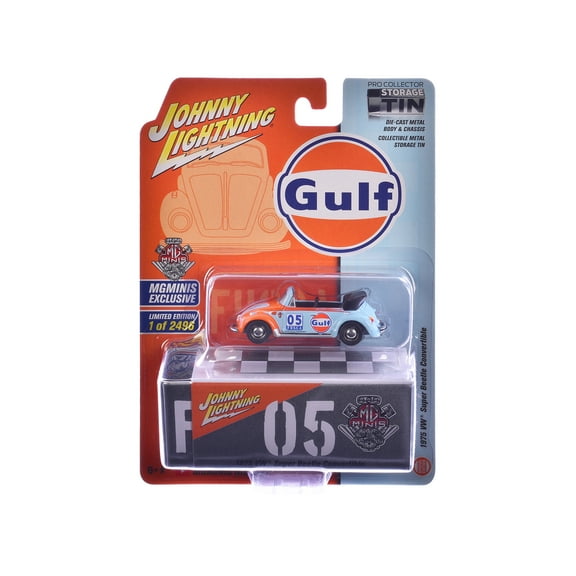 1975 Volkswagen Super Beetle Convertible #05 "Gulf Oil" Light Blue and Orange 1/64 Diecast Model Car by Johnny Lightning.