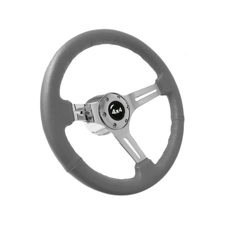 1976-1995 Jeep; VSW 6 Bolt Gray Leather Wrapped Steering Wheel Chrome Kit, 4x4 Emblem