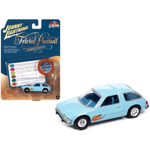 1976 AMC Pacer Light Blue with Flames with Poker Chip & Game Card Trivial Pursuit Pop Culture 2023 Release 1 1 by 64 Scale Diecast Model Car