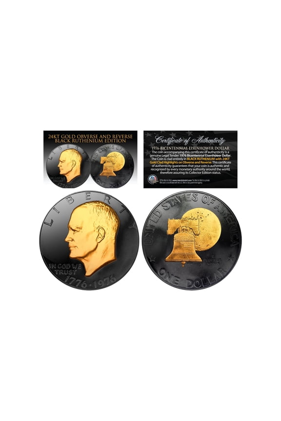 1976 BLACK RUTHENIUM Bicentennial Eisenhower Dollar w/ 24K GOLD features 2-Sided