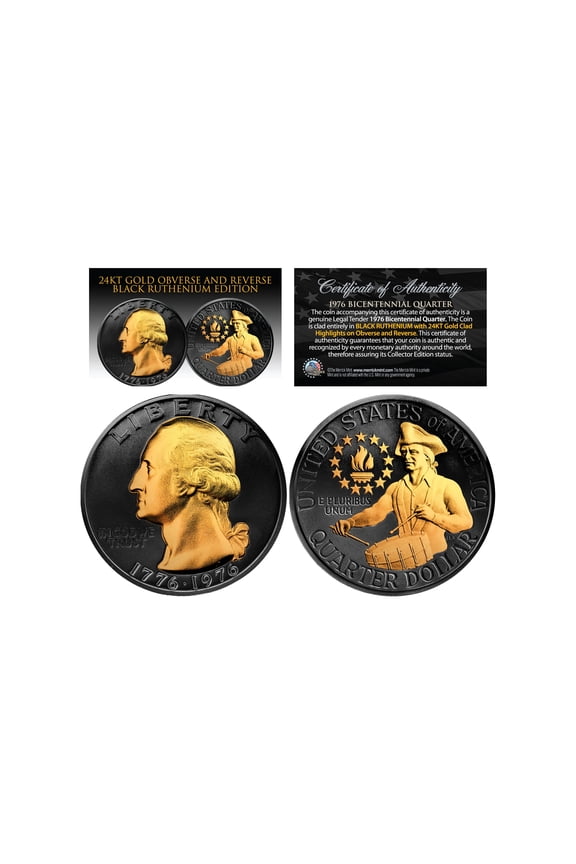 1976 BLACK RUTHENIUM Bicentennial US Quarter Coin w/ 24K GOLD features 2-Sided