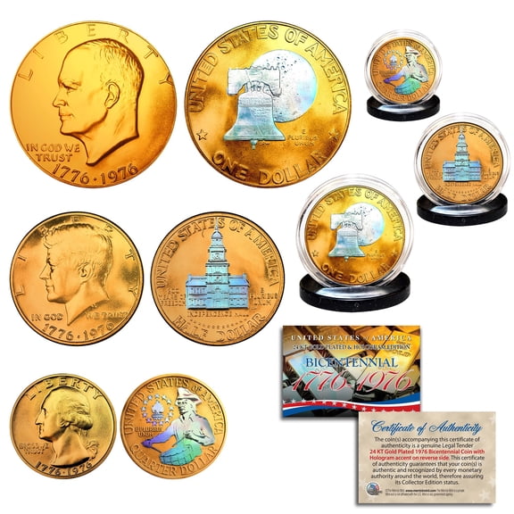 1976 Bicentennial 24K Gold Plated & Prism Hologram JFK IKE QUARTER 3-Coin US Set