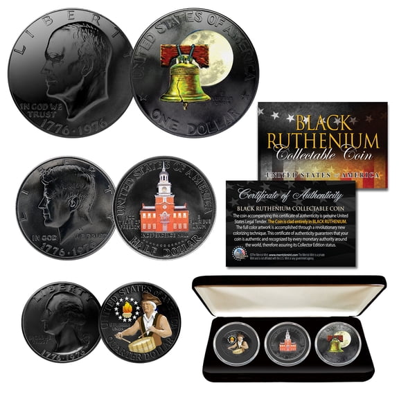 1976 Bicentennial RUTHENIUM & COLORIZED Coins JFK Half Dollar/IKE/QUARTER w/ BOX