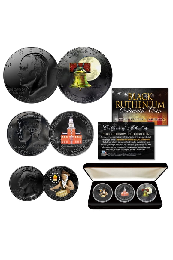 1976 Bicentennial Black Ruthenium & Colorized 3-Coin Set JFK Half Dollar, Eisenhower Dollar & Quarter with Box